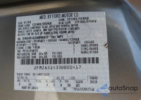 2003 Ford Windstar Lx z USA, uszkodzony, nr VIN 2FMZA51433BB00417